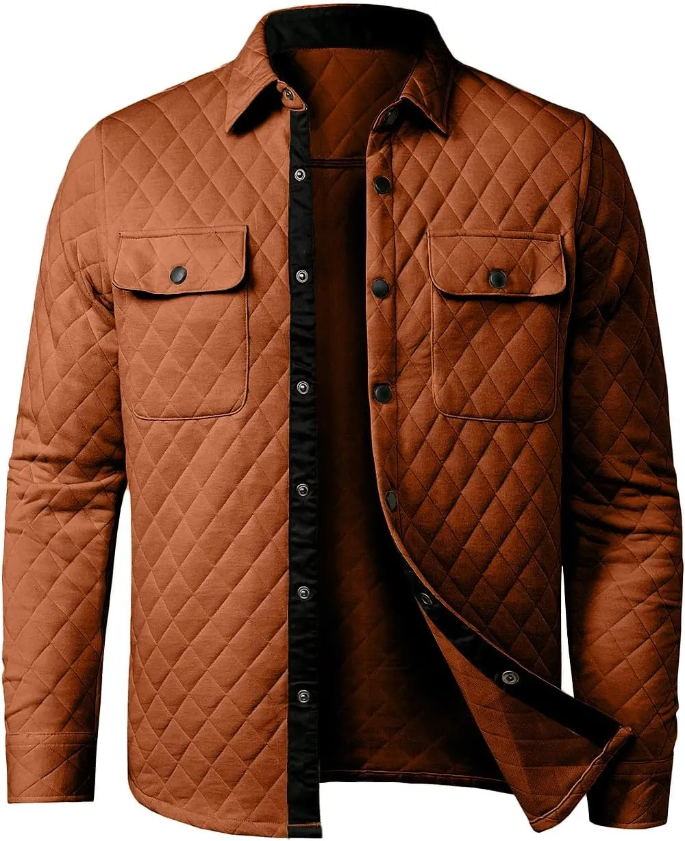 JMIERR Mens Quilted Shirt Jackets Casual Long Sleeve Snap Button Down Shirts with Pockets