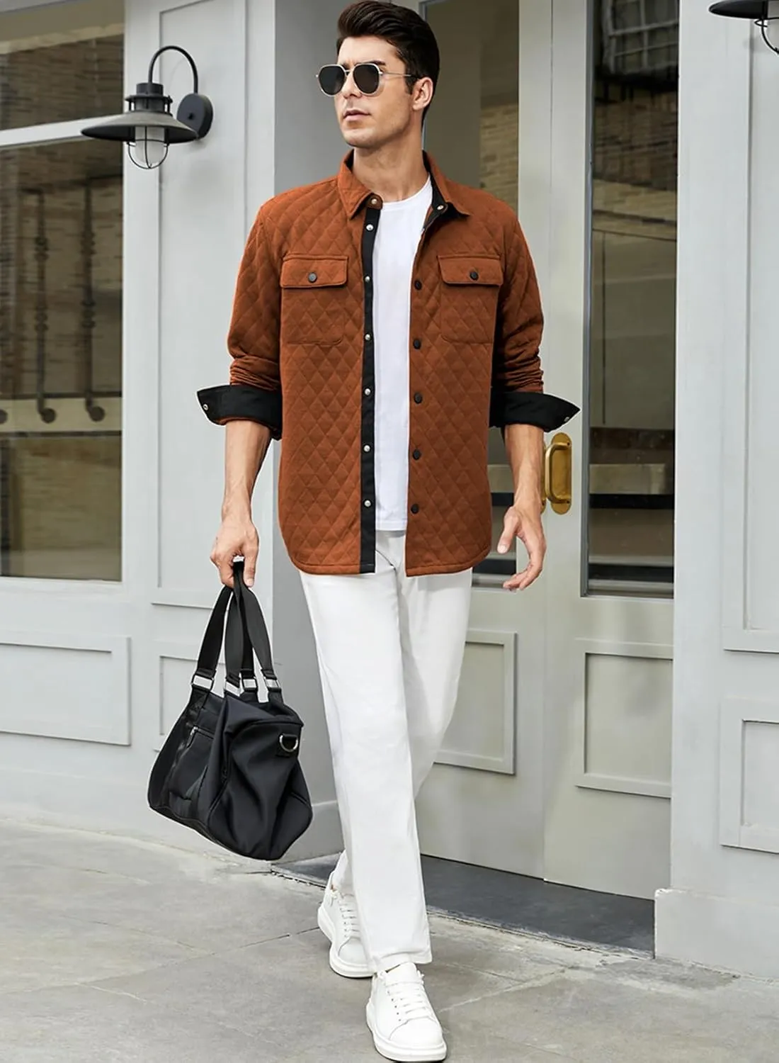JMIERR Mens Quilted Shirt Jackets Casual Long Sleeve Snap Button Down Shirts with Pockets