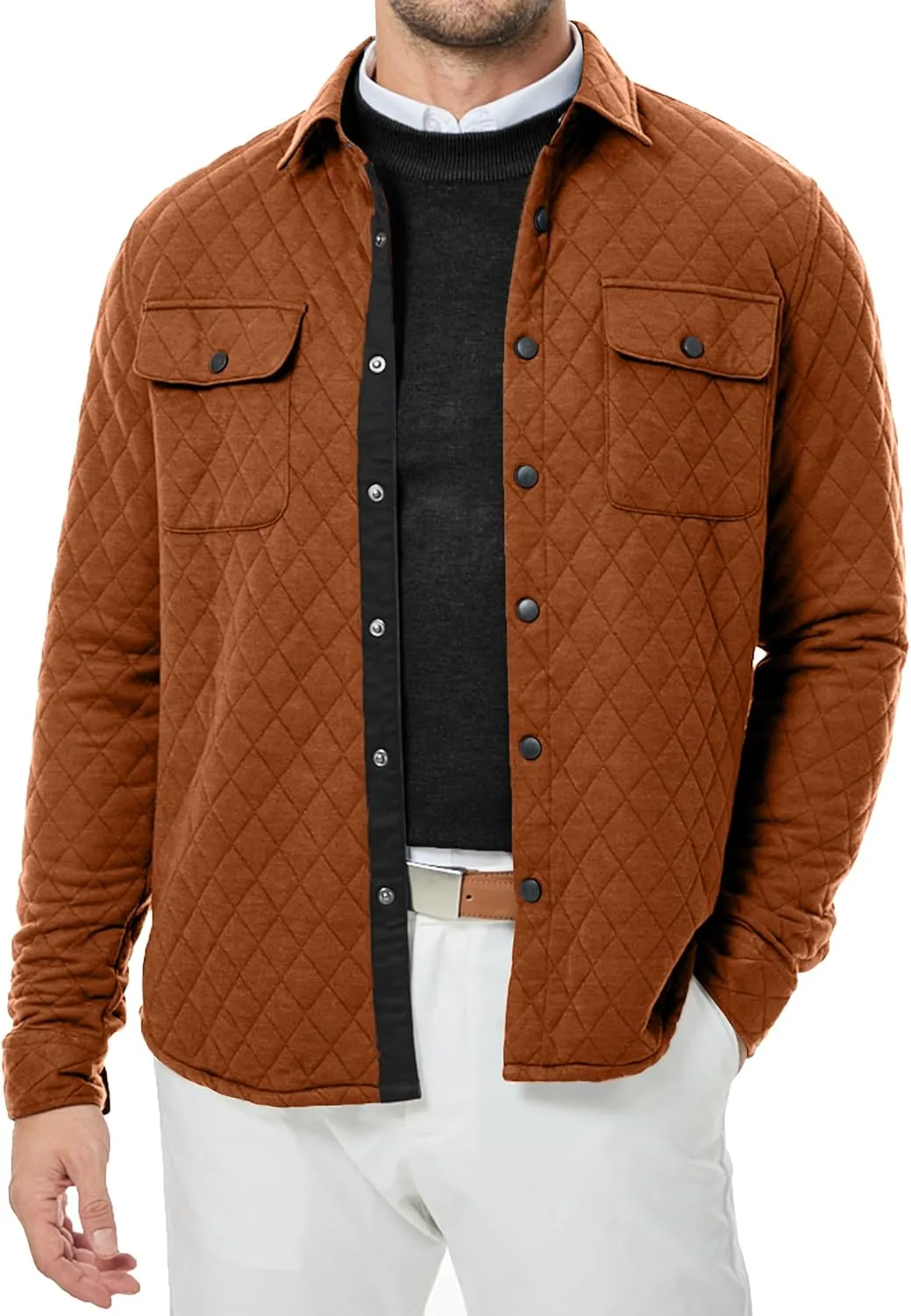 JMIERR Mens Quilted Shirt Jackets Casual Long Sleeve Snap Button Down Shirts with Pockets