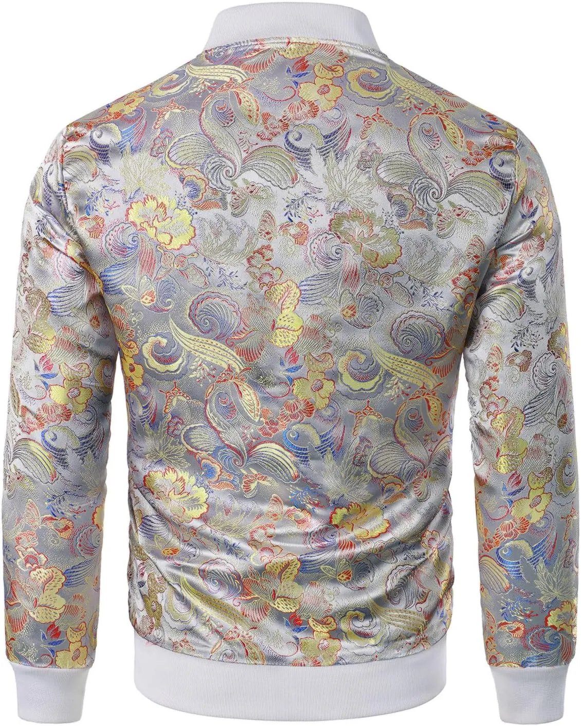 JOGAL Men's Luxury Paisley Floral Embroidered Satin Bomber Jacket