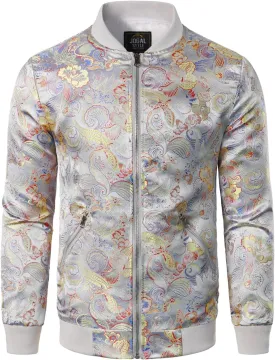 JOGAL Men's Luxury Paisley Floral Embroidered Satin Bomber Jacket