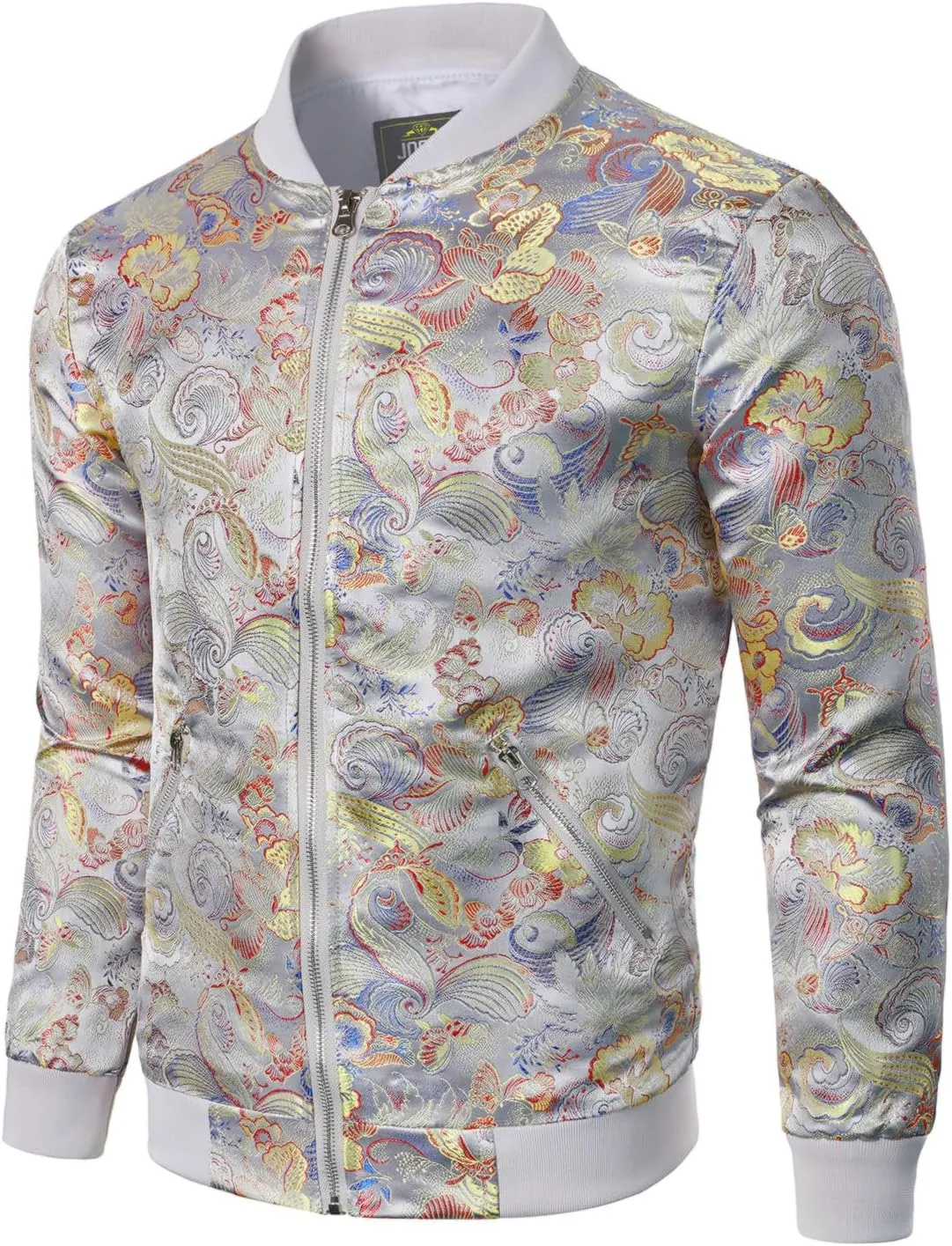 JOGAL Men's Luxury Paisley Floral Embroidered Satin Bomber Jacket