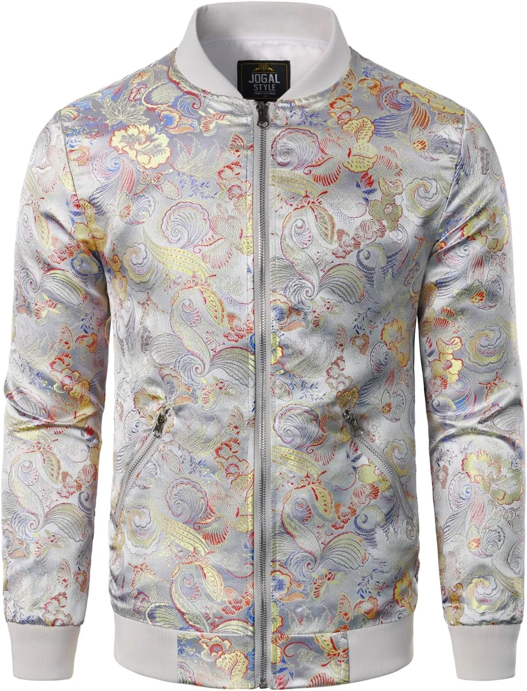 JOGAL Men's Luxury Paisley Floral Embroidered Satin Bomber Jacket