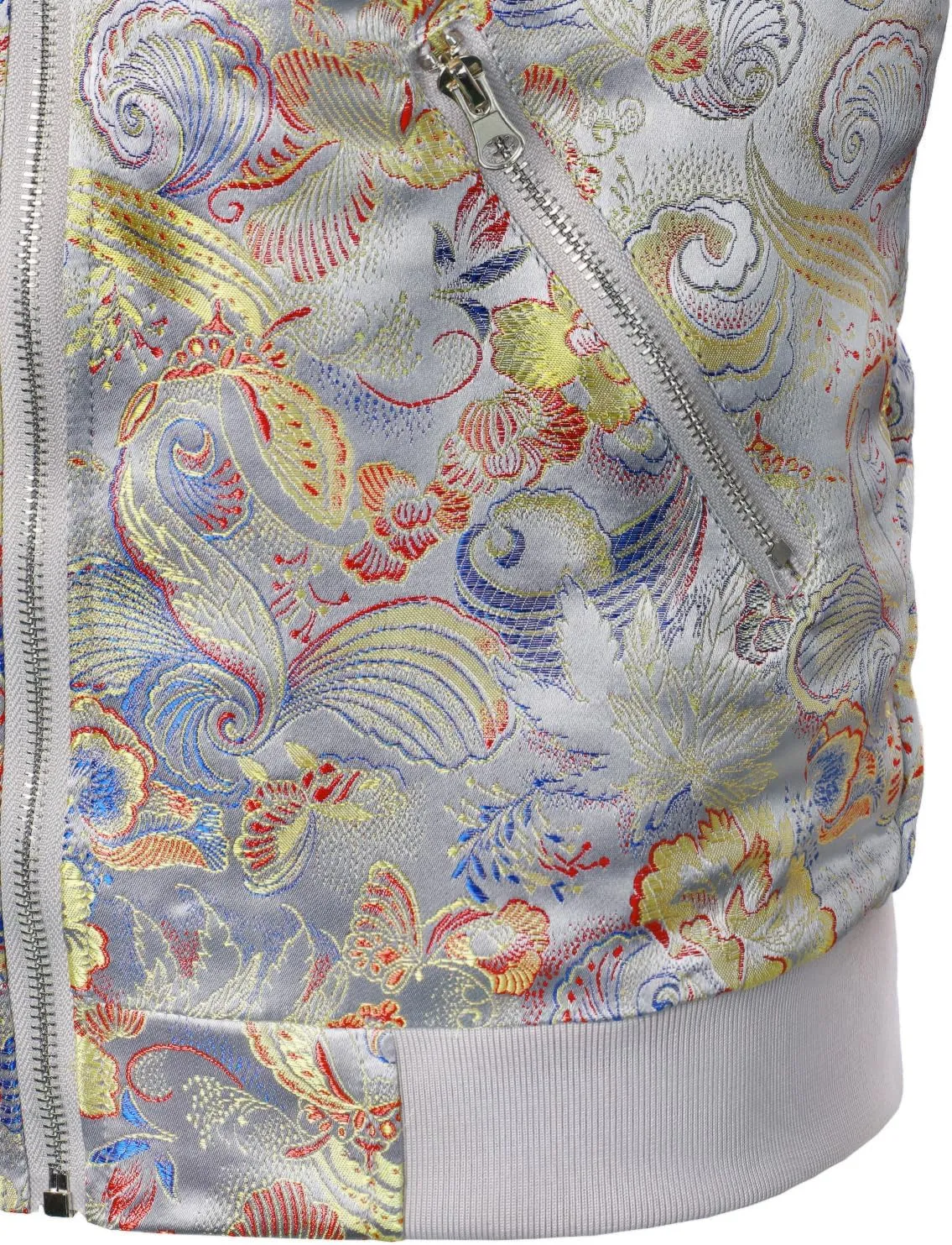 JOGAL Men's Luxury Paisley Floral Embroidered Satin Bomber Jacket