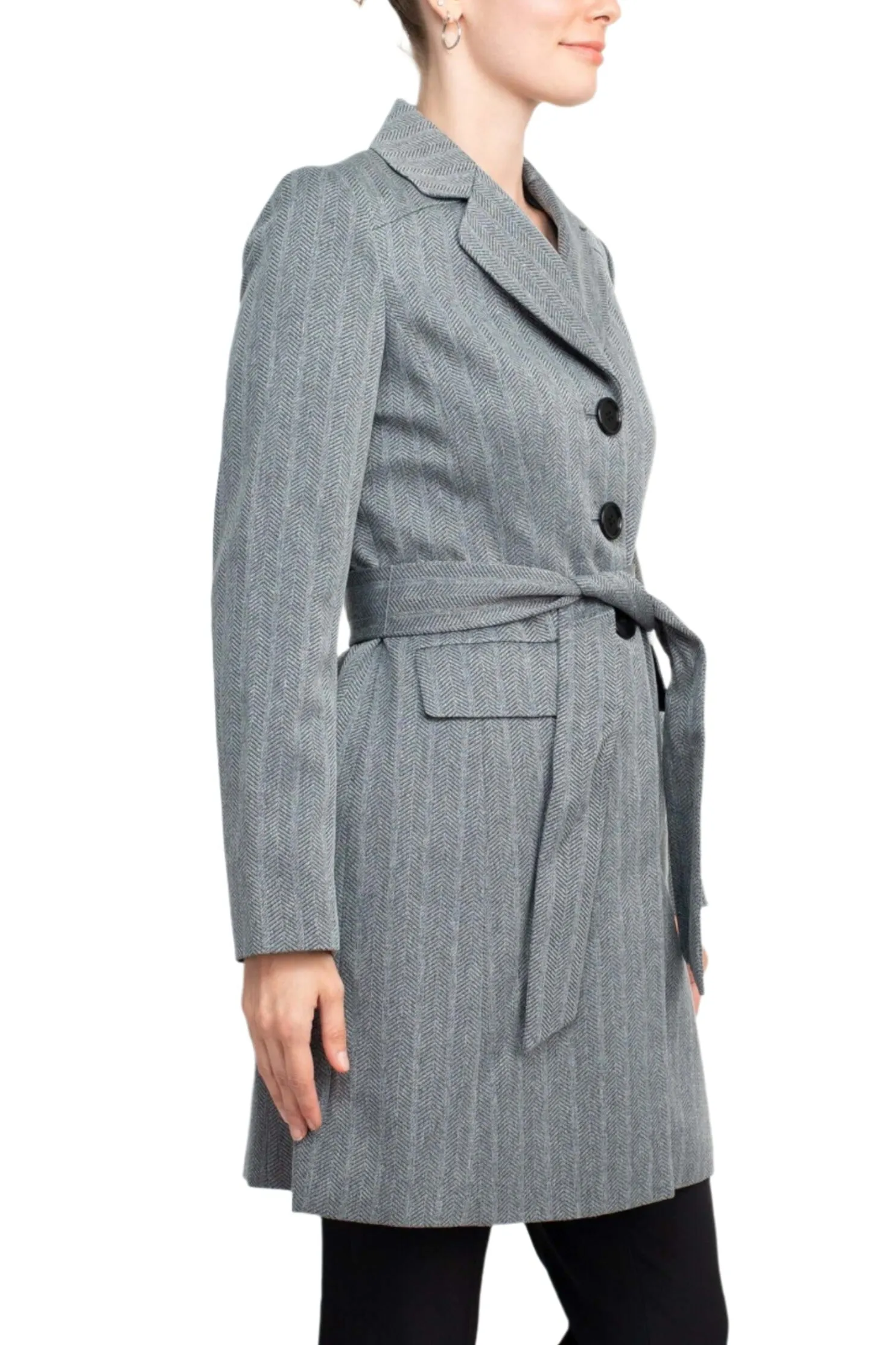 Le Suit Notched Collar 3 Button Tie Waist Flap Pockets Jacket with Button Hook Zipper Closure Pockets Crepe Pants Suit (Two Piece Set)