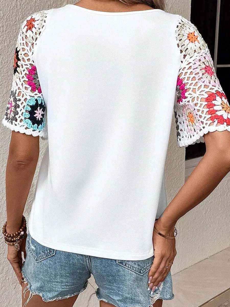 Melliflo Women's Summer Floral Crochet Short Sleeve T Shirts Casual Solid Boho Hollow Out Crewneck Tunic Tops 2024