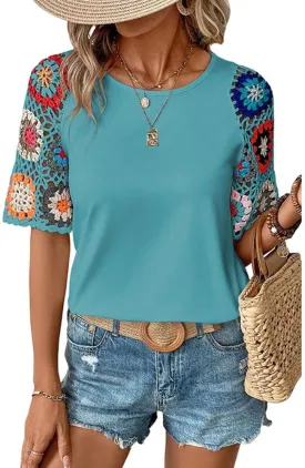 Melliflo Women's Summer Floral Crochet Short Sleeve T Shirts Casual Solid Boho Hollow Out Crewneck Tunic Tops 2024