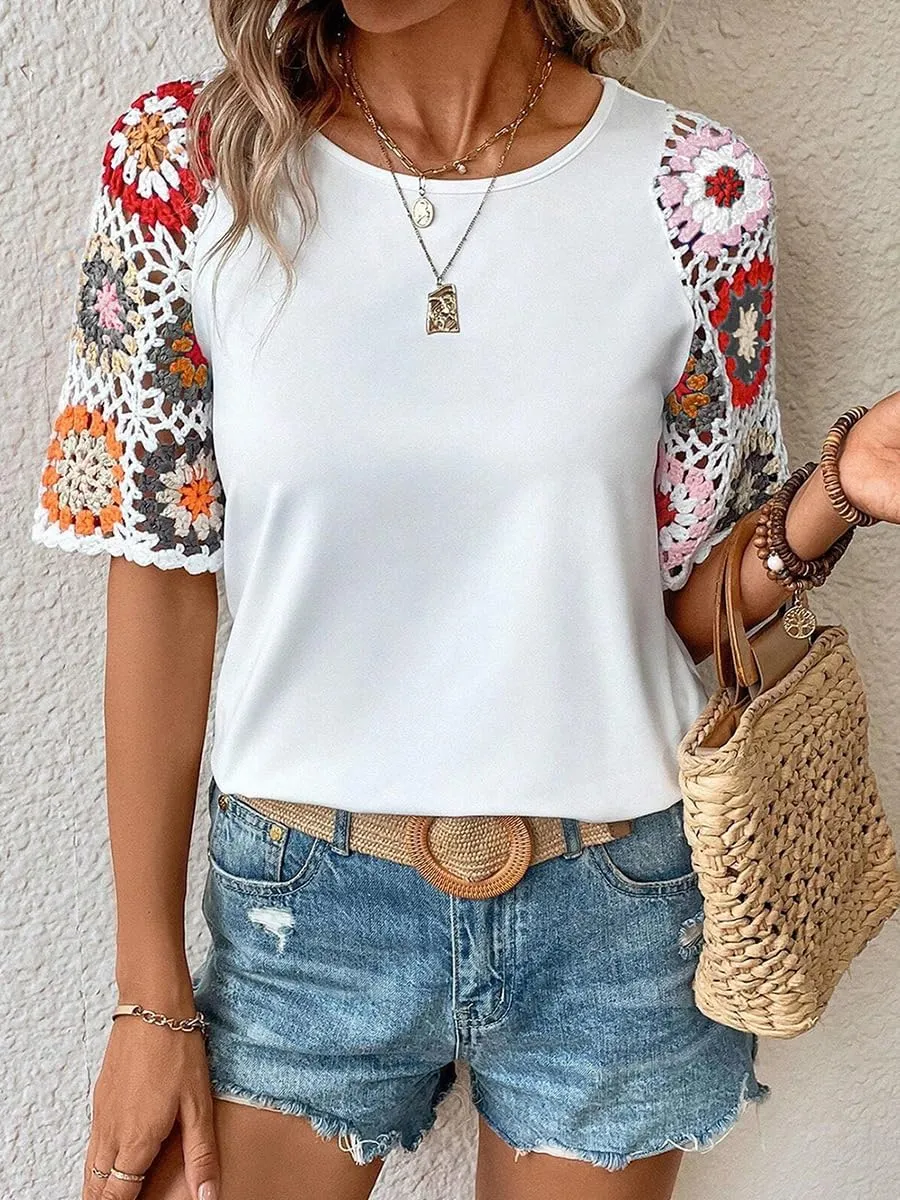 Melliflo Women's Summer Floral Crochet Short Sleeve T Shirts Casual Solid Boho Hollow Out Crewneck Tunic Tops 2024