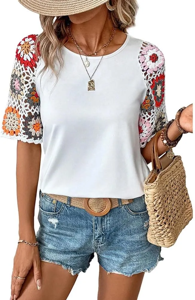 Melliflo Women's Summer Floral Crochet Short Sleeve T Shirts Casual Solid Boho Hollow Out Crewneck Tunic Tops 2024