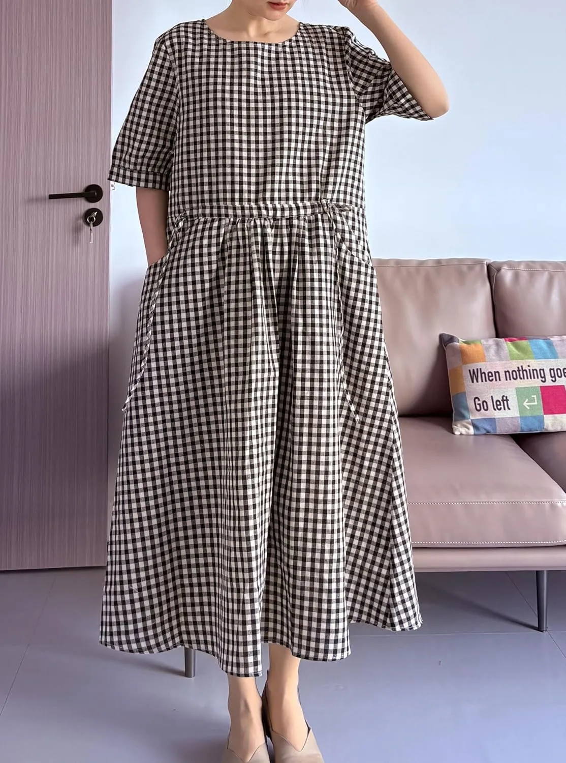 Minibee Women's Cotton Linen Dress Summer Short Sleeve Casual Plaid Flowy A-Line Midi Dresses with Pockets