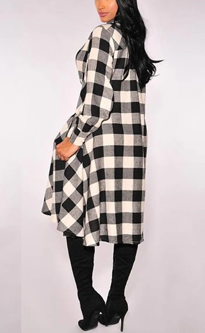 olrain Womens Plaids V Neck Long Sleeve Irregular Hem Casual Shirt Dress