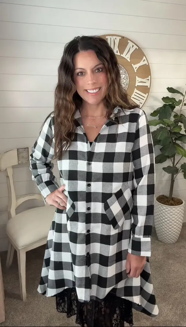 olrain Womens Plaids V Neck Long Sleeve Irregular Hem Casual Shirt Dress