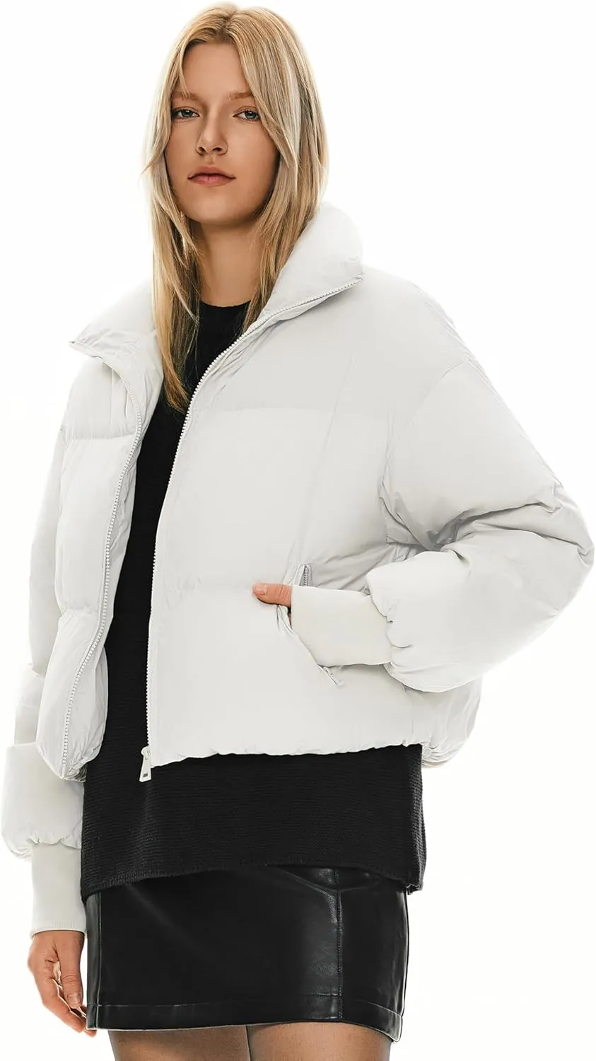 Orolay Women's Winter Oversized Cropped Puffer Jacket Zip Up Short Down Coat Stand Collar Baggy Overcoat