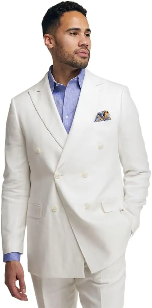 Paul Fredrick Men's Linen Blend Double Breasted Peak Lapel Suit Jacket