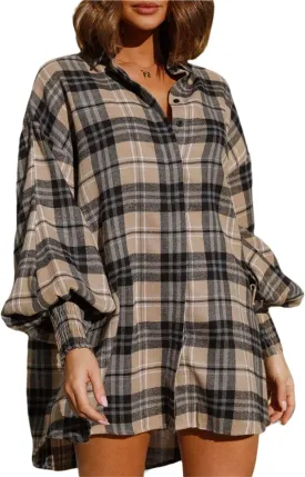 Plaid Flannel Shirts for Women - Oversized Long Sleeve Button Down Shirt Dresses Shacket Blouse Tops