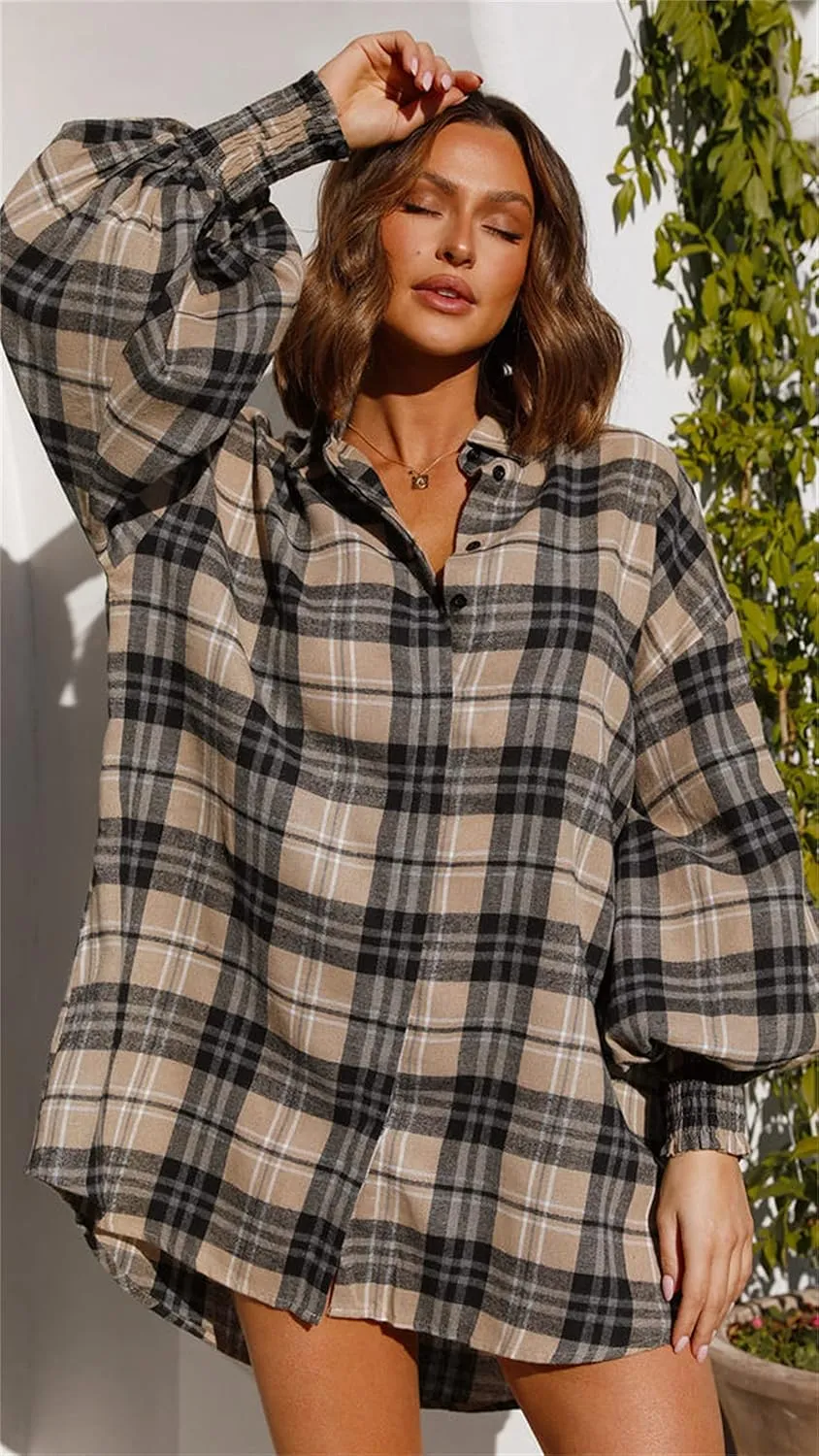 Plaid Flannel Shirts for Women - Oversized Long Sleeve Button Down Shirt Dresses Shacket Blouse Tops