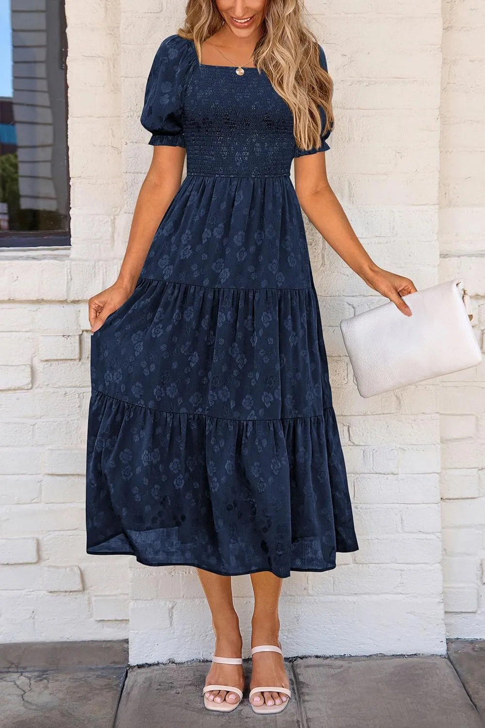 PRETTYGARDEN Women's 2025 Summer Casual Midi Dresses Square Neck Short Sleeve Smocked A Line Floral Flowy Elegant Boho Dress