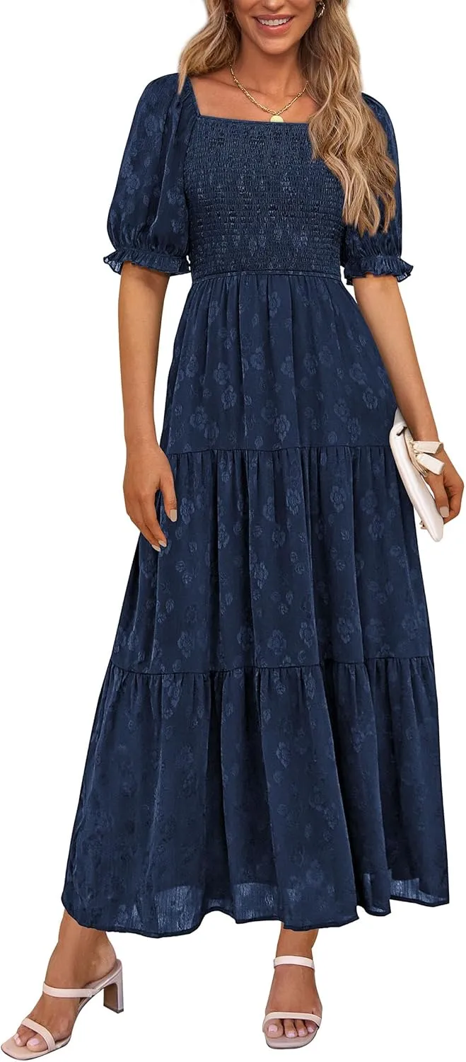 PRETTYGARDEN Women's 2025 Summer Casual Midi Dresses Square Neck Short Sleeve Smocked A Line Floral Flowy Elegant Boho Dress