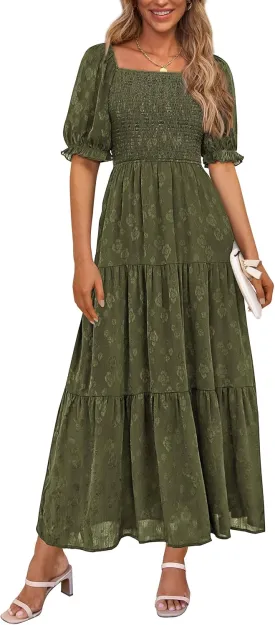 PRETTYGARDEN Women's 2025 Summer Casual Midi Dresses Square Neck Short Sleeve Smocked A Line Floral Flowy Elegant Boho Dress