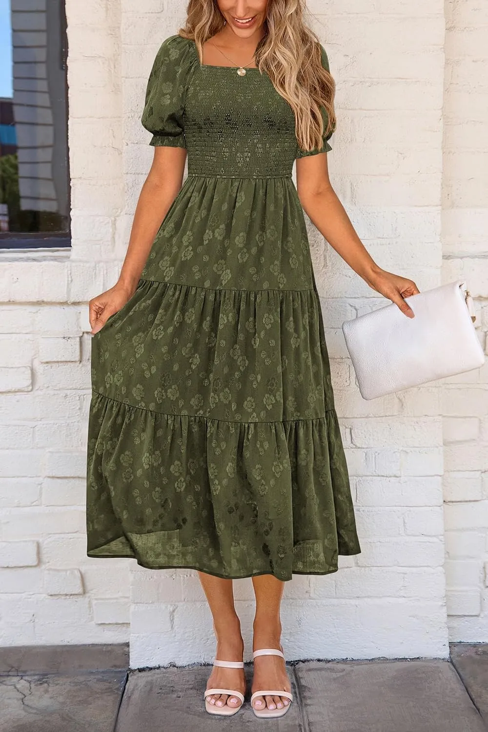 PRETTYGARDEN Women's 2025 Summer Casual Midi Dresses Square Neck Short Sleeve Smocked A Line Floral Flowy Elegant Boho Dress