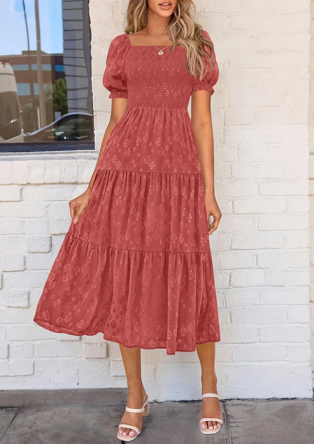 PRETTYGARDEN Women's 2025 Summer Casual Midi Dresses Square Neck Short Sleeve Smocked A Line Floral Flowy Elegant Boho Dress