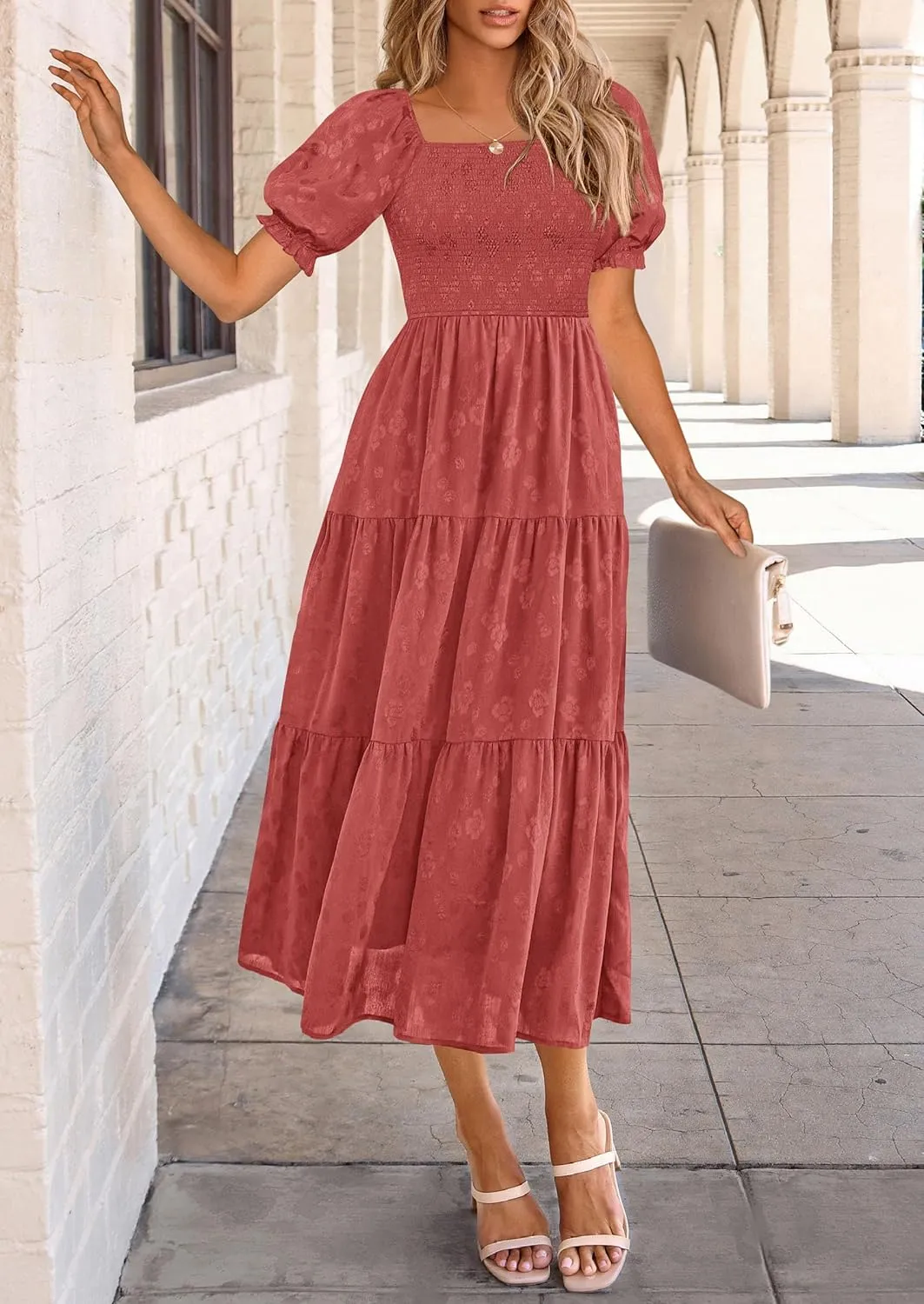 PRETTYGARDEN Women's 2025 Summer Casual Midi Dresses Square Neck Short Sleeve Smocked A Line Floral Flowy Elegant Boho Dress