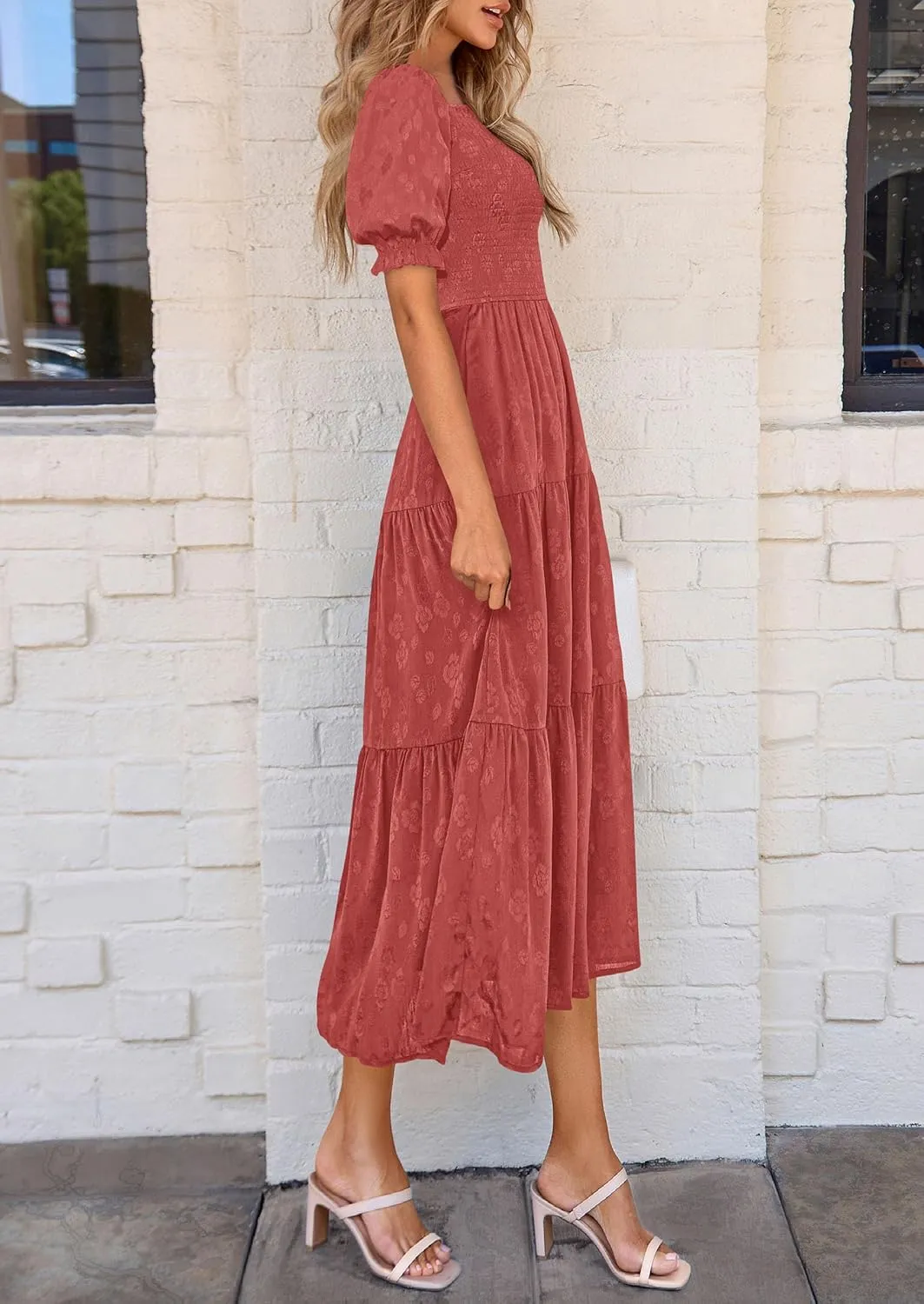 PRETTYGARDEN Women's 2025 Summer Casual Midi Dresses Square Neck Short Sleeve Smocked A Line Floral Flowy Elegant Boho Dress