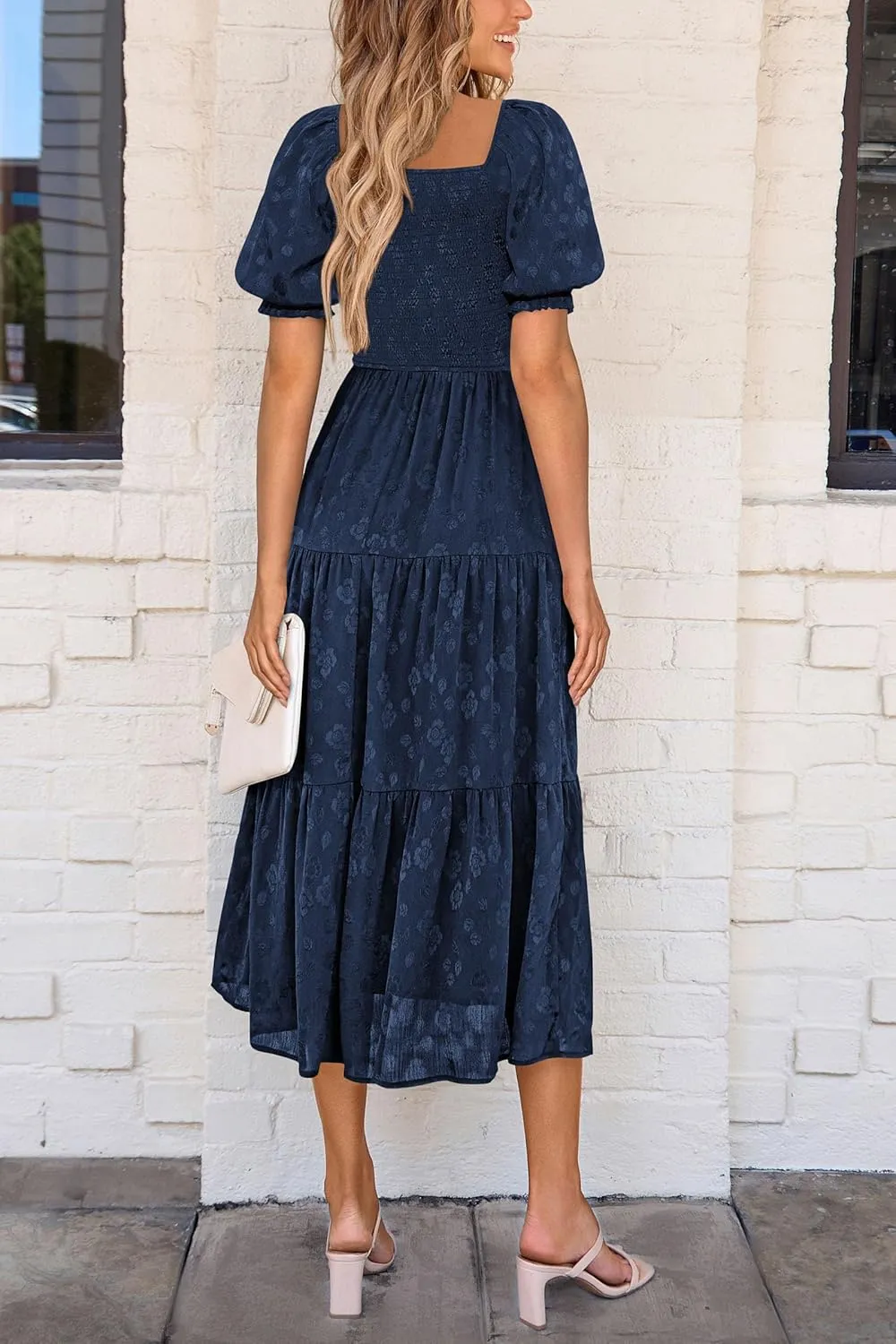 PRETTYGARDEN Women's 2025 Summer Casual Midi Dresses Square Neck Short Sleeve Smocked A Line Floral Flowy Elegant Boho Dress