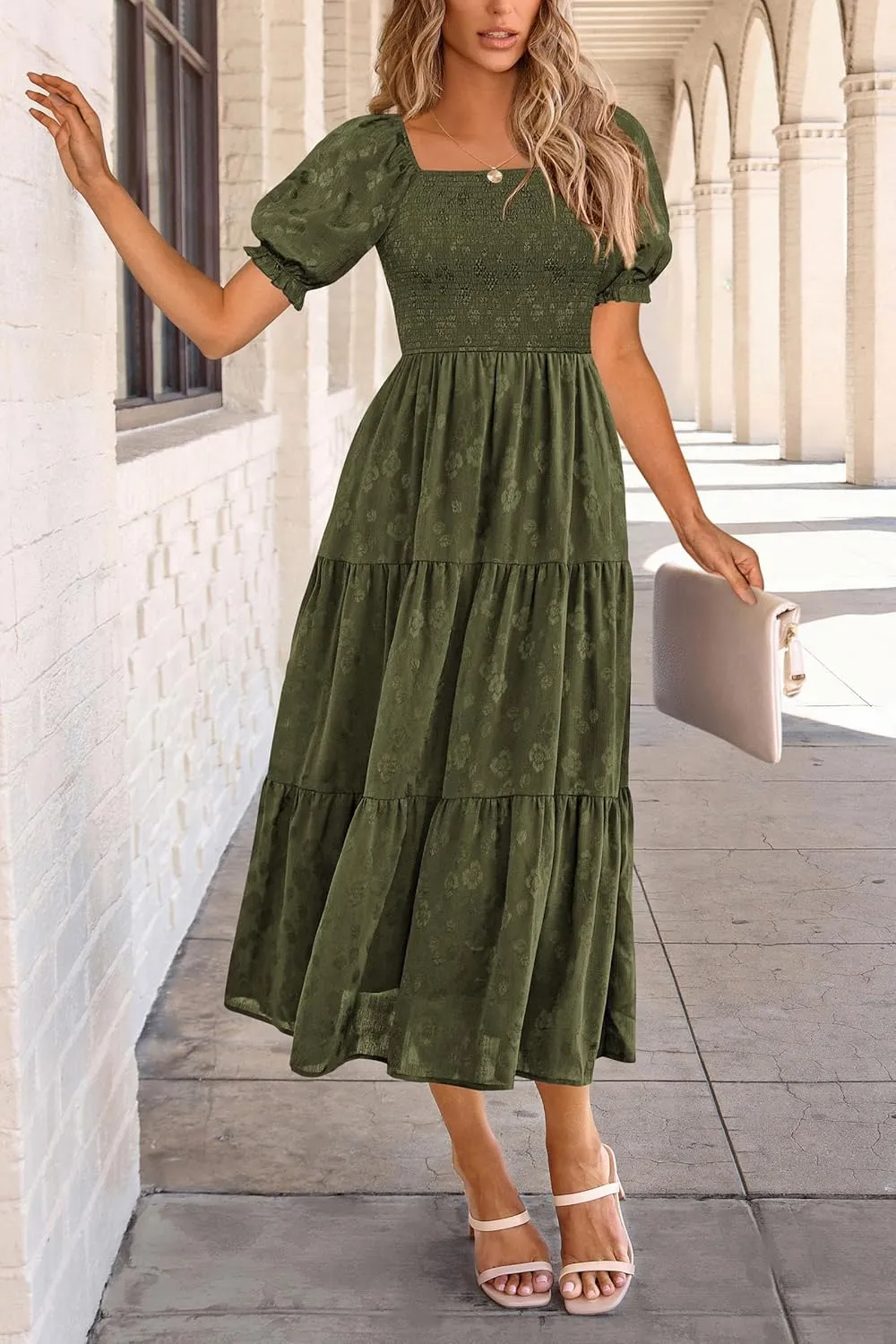 PRETTYGARDEN Women's 2025 Summer Casual Midi Dresses Square Neck Short Sleeve Smocked A Line Floral Flowy Elegant Boho Dress