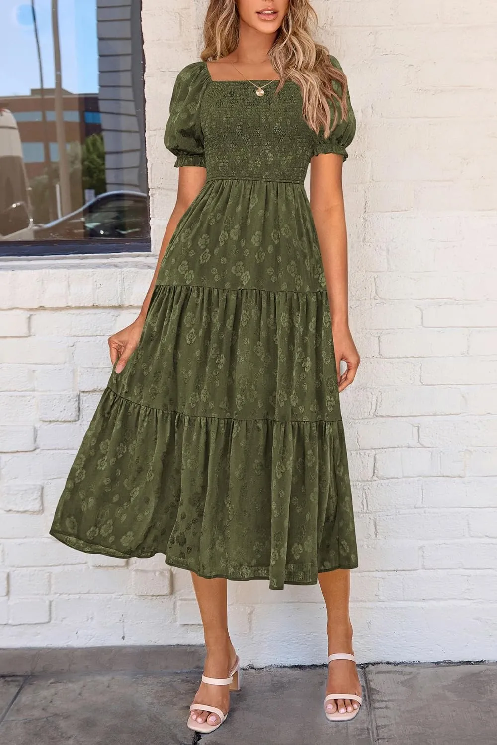 PRETTYGARDEN Women's 2025 Summer Casual Midi Dresses Square Neck Short Sleeve Smocked A Line Floral Flowy Elegant Boho Dress