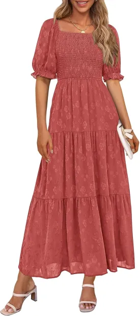 PRETTYGARDEN Women's 2025 Summer Casual Midi Dresses Square Neck Short Sleeve Smocked A Line Floral Flowy Elegant Boho Dress