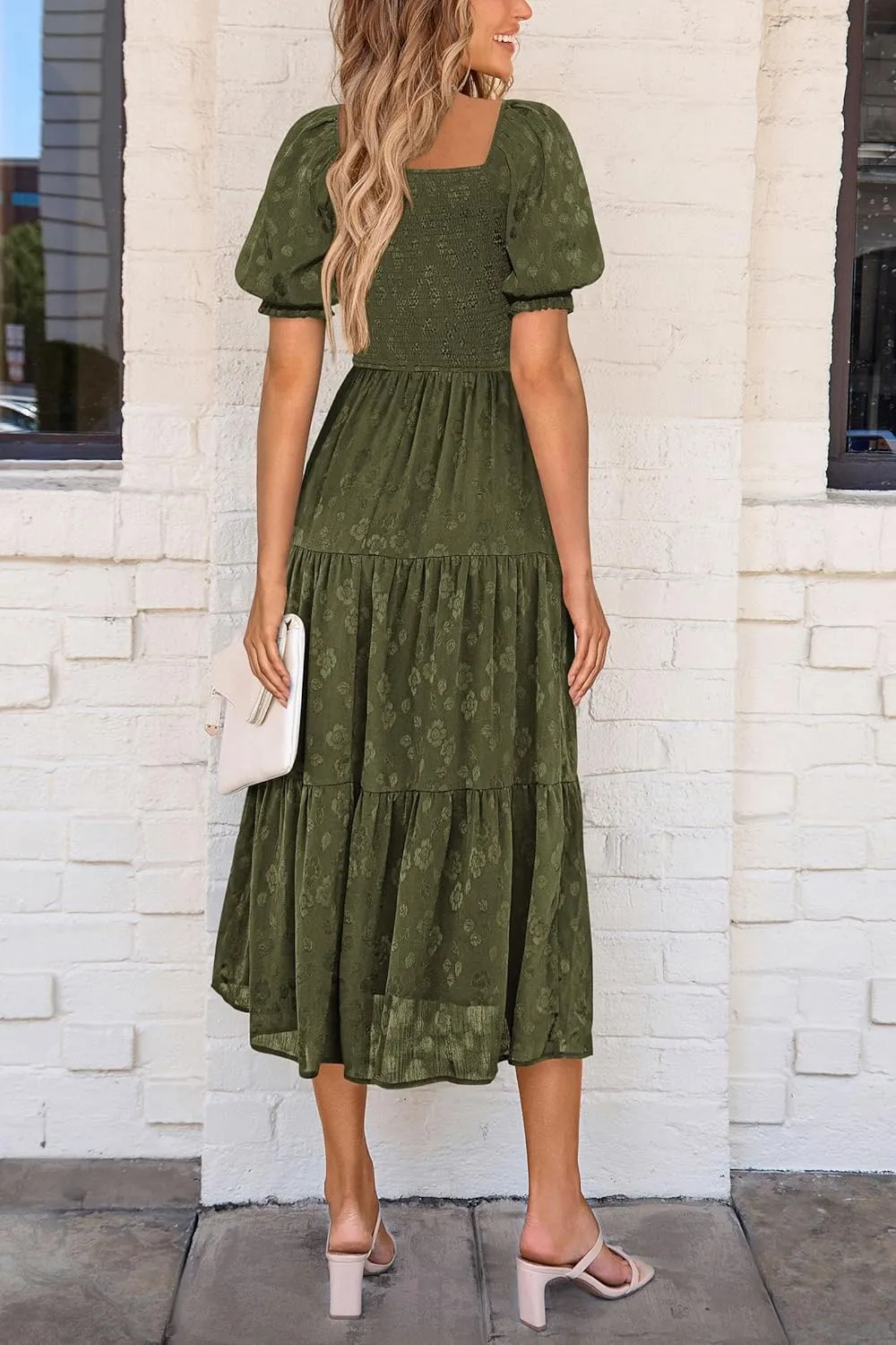 PRETTYGARDEN Women's 2025 Summer Casual Midi Dresses Square Neck Short Sleeve Smocked A Line Floral Flowy Elegant Boho Dress