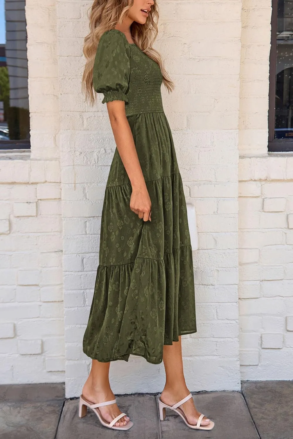PRETTYGARDEN Women's 2025 Summer Casual Midi Dresses Square Neck Short Sleeve Smocked A Line Floral Flowy Elegant Boho Dress