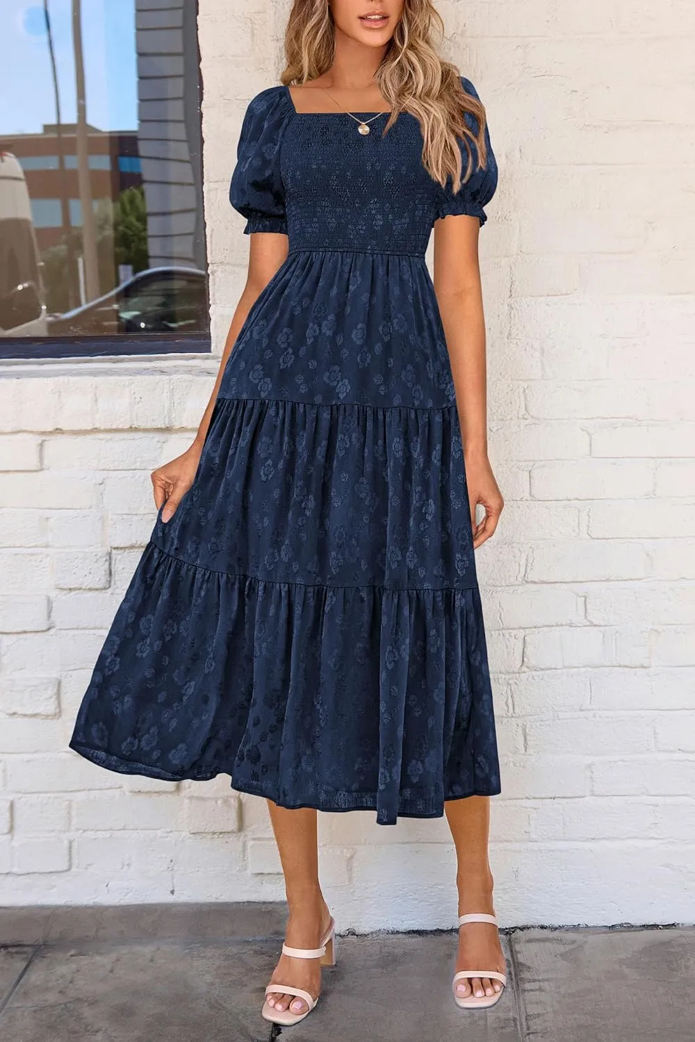 PRETTYGARDEN Women's 2025 Summer Casual Midi Dresses Square Neck Short Sleeve Smocked A Line Floral Flowy Elegant Boho Dress