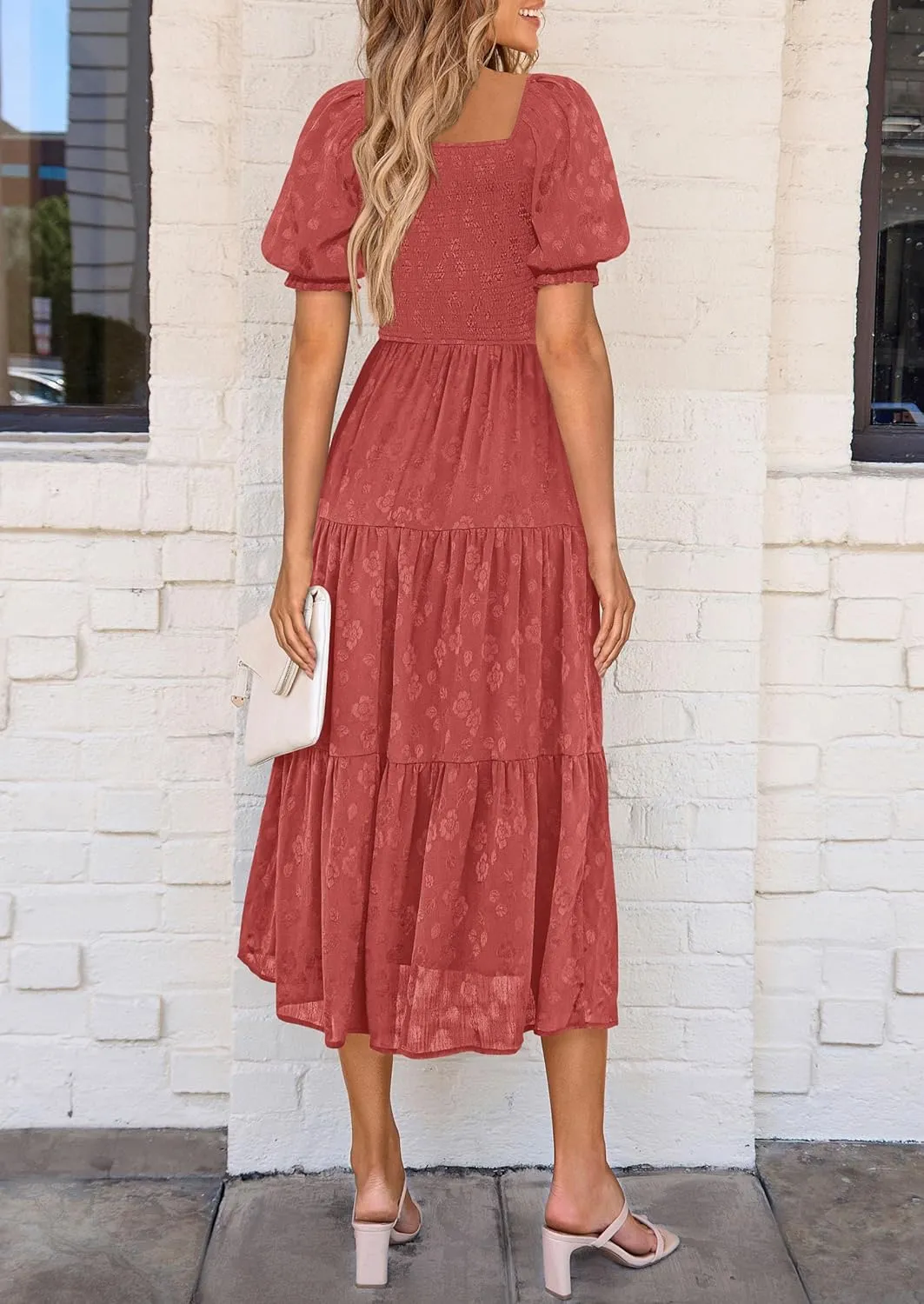 PRETTYGARDEN Women's 2025 Summer Casual Midi Dresses Square Neck Short Sleeve Smocked A Line Floral Flowy Elegant Boho Dress