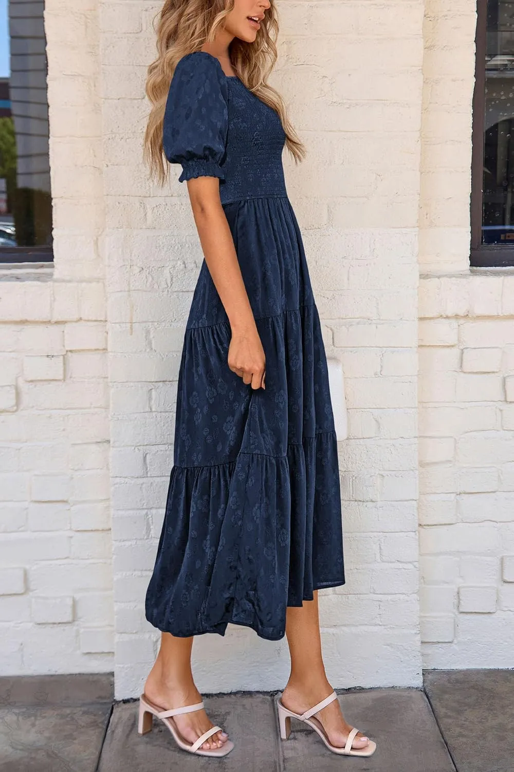 PRETTYGARDEN Women's 2025 Summer Casual Midi Dresses Square Neck Short Sleeve Smocked A Line Floral Flowy Elegant Boho Dress