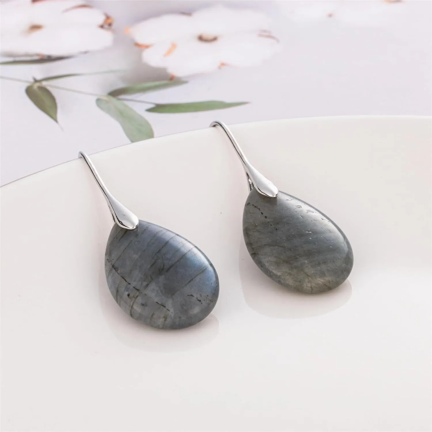 SELOVO Agate Teardrop Stone Grey Drop Earrings Fishhook Dangle Earrings Silver Tone