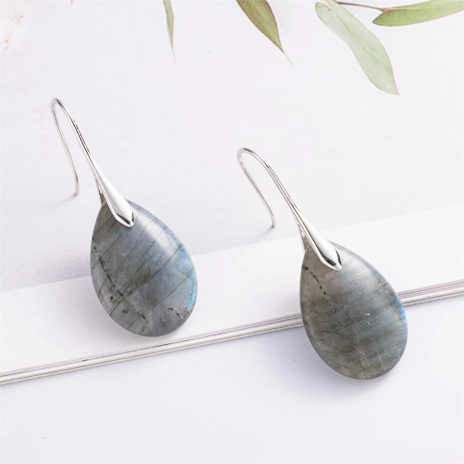 SELOVO Agate Teardrop Stone Grey Drop Earrings Fishhook Dangle Earrings Silver Tone
