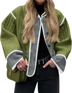 Tankaneo Womens Cropped Quilted Jacket Color Block Lightweight Button Down Coats Fall Casual Puffer Outerwear