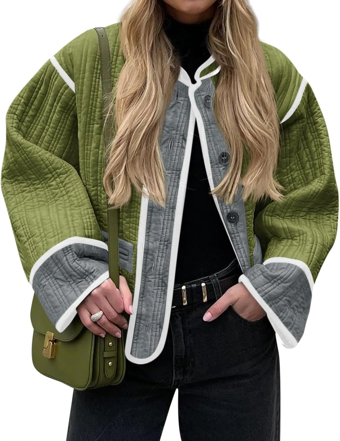 Tankaneo Womens Cropped Quilted Jacket Color Block Lightweight Button Down Coats Fall Casual Puffer Outerwear