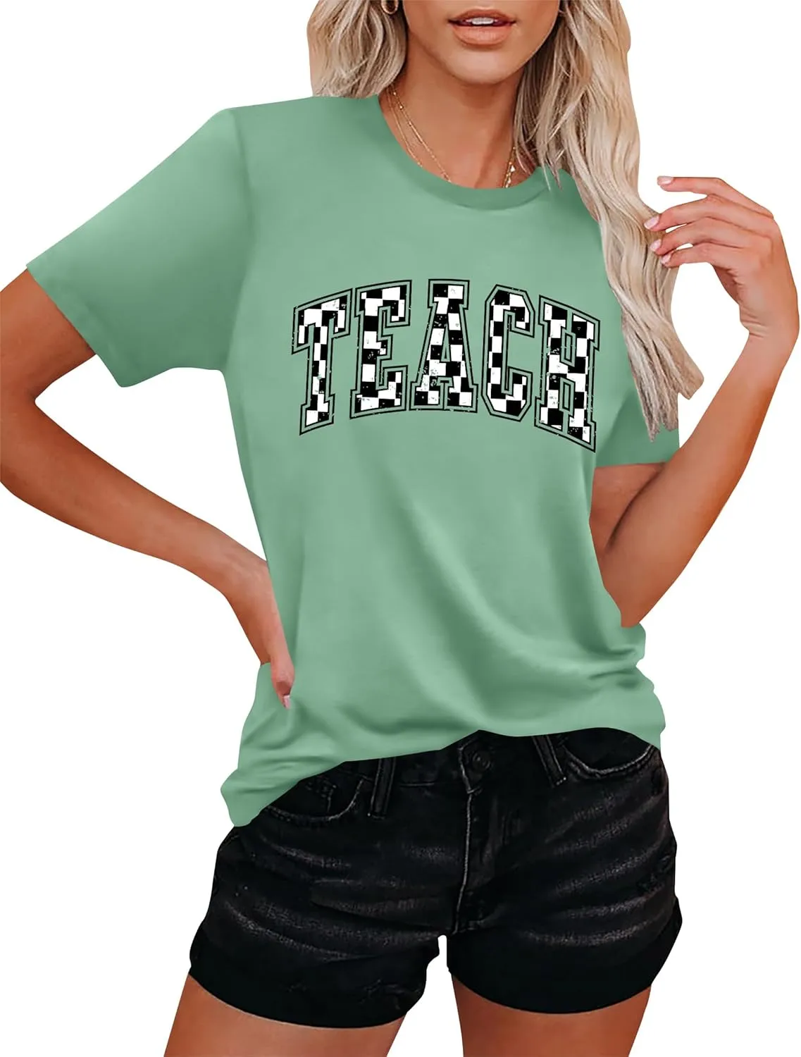 Teacher Shirts Women: Checkered Teach Printed T-Shirt Graphic Teaching Gifts Tees Casual Short Sleeve Tops