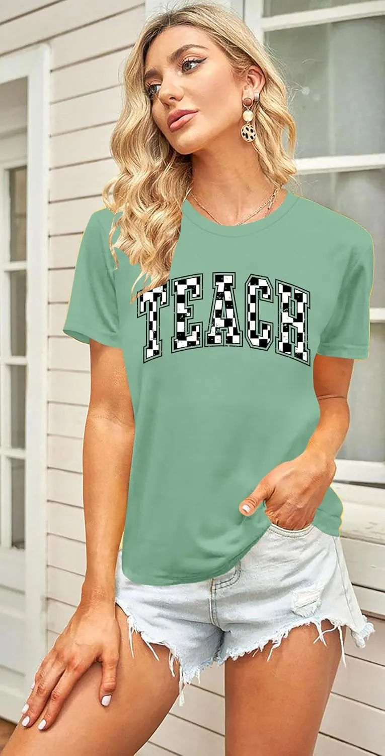 Teacher Shirts Women: Checkered Teach Printed T-Shirt Graphic Teaching Gifts Tees Casual Short Sleeve Tops