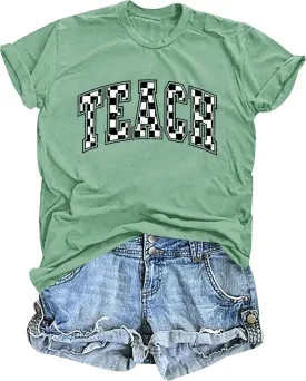 Teacher Shirts Women: Checkered Teach Printed T-Shirt Graphic Teaching Gifts Tees Casual Short Sleeve Tops