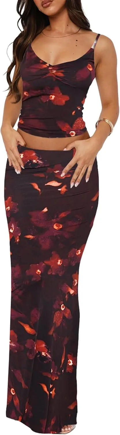 Two Piece Skirt Set for Women - Sexy 2 Pc Sleeveless Spaghetti Strap Pleated Tank Top Maxi Long Skirts Sets