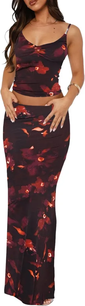 Two Piece Skirt Set for Women - Sexy 2 Pc Sleeveless Spaghetti Strap Pleated Tank Top Maxi Long Skirts Sets