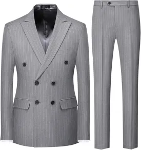 UNINUKOO Men's Suits 2 Piece Pinstripe Double Breasted Tuxedo Suit for Men Slim Fit Formal Dress Blazer Jacket Pants