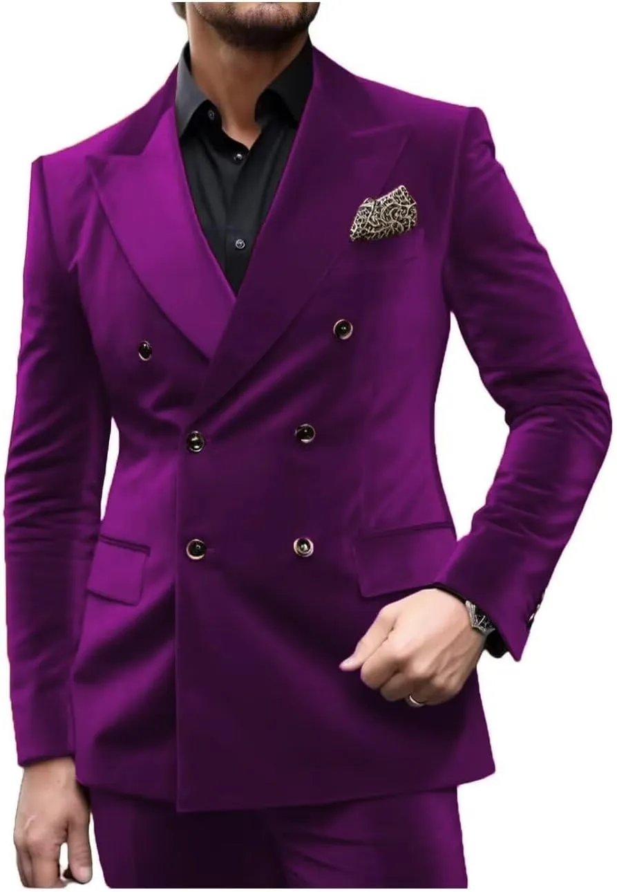 Velvet Blazer for Men Vintage Double Breasted Solid Jacket Peak Lapel Slim Fit Sport Coat Tuxedo