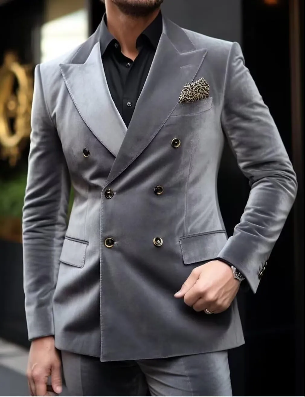 Velvet Blazer for Men Vintage Double Breasted Solid Jacket Peak Lapel Slim Fit Sport Coat Tuxedo