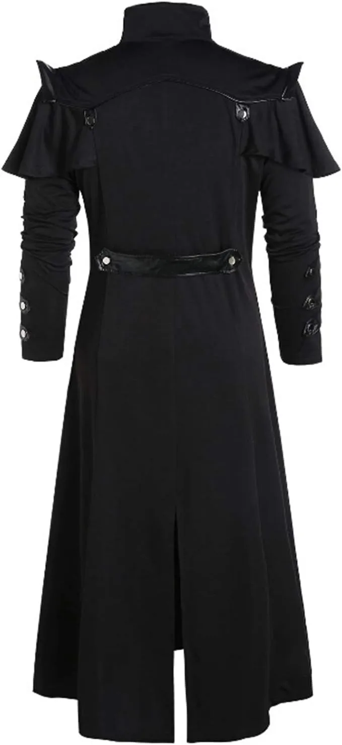 Wolancy Men's Steampunk Trench Coat Victorian Slim Suit Collar Solid Double Breasted Zipper Coat