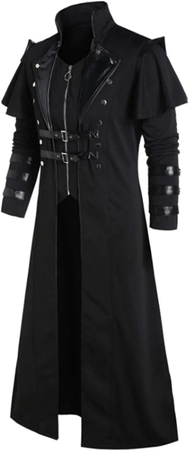Wolancy Men's Steampunk Trench Coat Victorian Slim Suit Collar Solid Double Breasted Zipper Coat